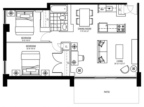 Floor plan for 2 beds, 1 bath, 802 sqft